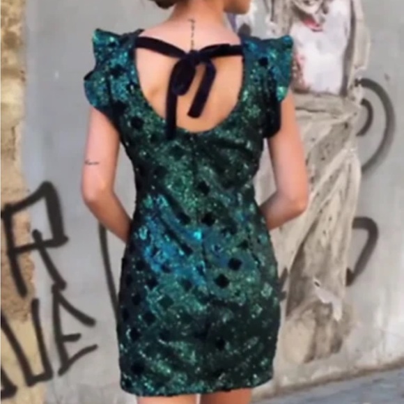 Zara Green Sequin Open Back Mini Dress Large Holiday Party Dress Ruffle NYE - Picture 2 of 10